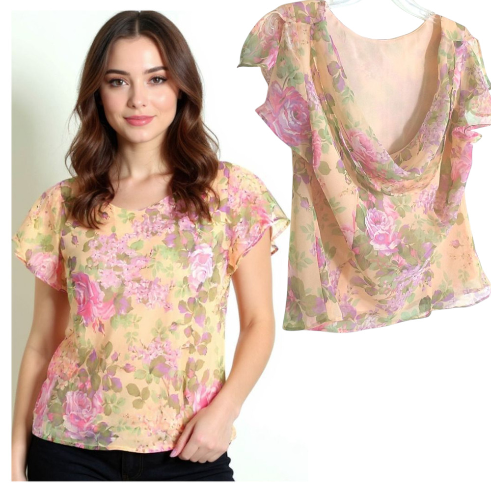 Studio I Waterfall Back Chiffon Top Wmn's 14P Yellow Floral Split Cap Sleeve Y2K
